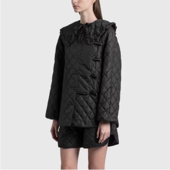 Ganni Black Quilted Recycled Polyester Jacket Coat Ruffle Trim Collar 36 US 4